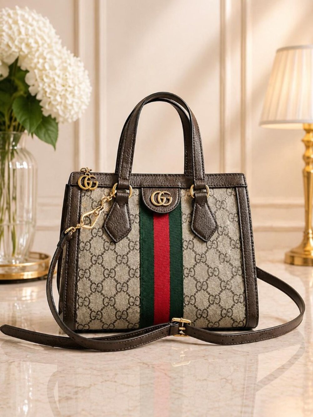 Authentic Gucci Ophidia GG Small Tote Bag Web Stripe Crossbody Canvas Leather